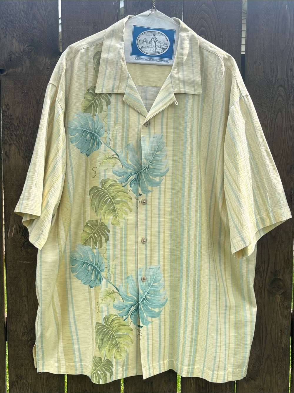 Tommy Bahama Pale Yellow and Teal Botanical Short-Sleeve Camp Shirt